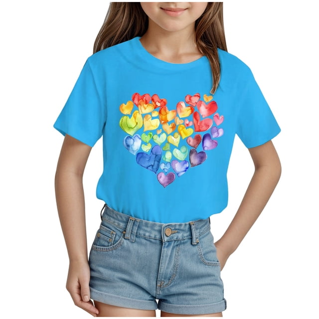 Nwiuh T-Shirts Graphiques Mignons avec Cœur pour Femmes, Manches Courtes, Col Ras du Cou, Coupe Régulière, Blouse, Adolescentes, Été, Décontracté, Basique, Hauts Tee (Bleu, 3-4 Ans)