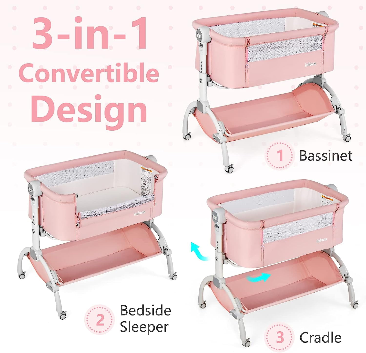 INFANS 3 in 1 Baby Bassinet, Folding Bedside Sleeper Crib with Mattress Pad, Height Angle Adjustable, Portable Rocking Cradle with Wheels Storage Basket Travel Bag for Infant Newborn (Pink)