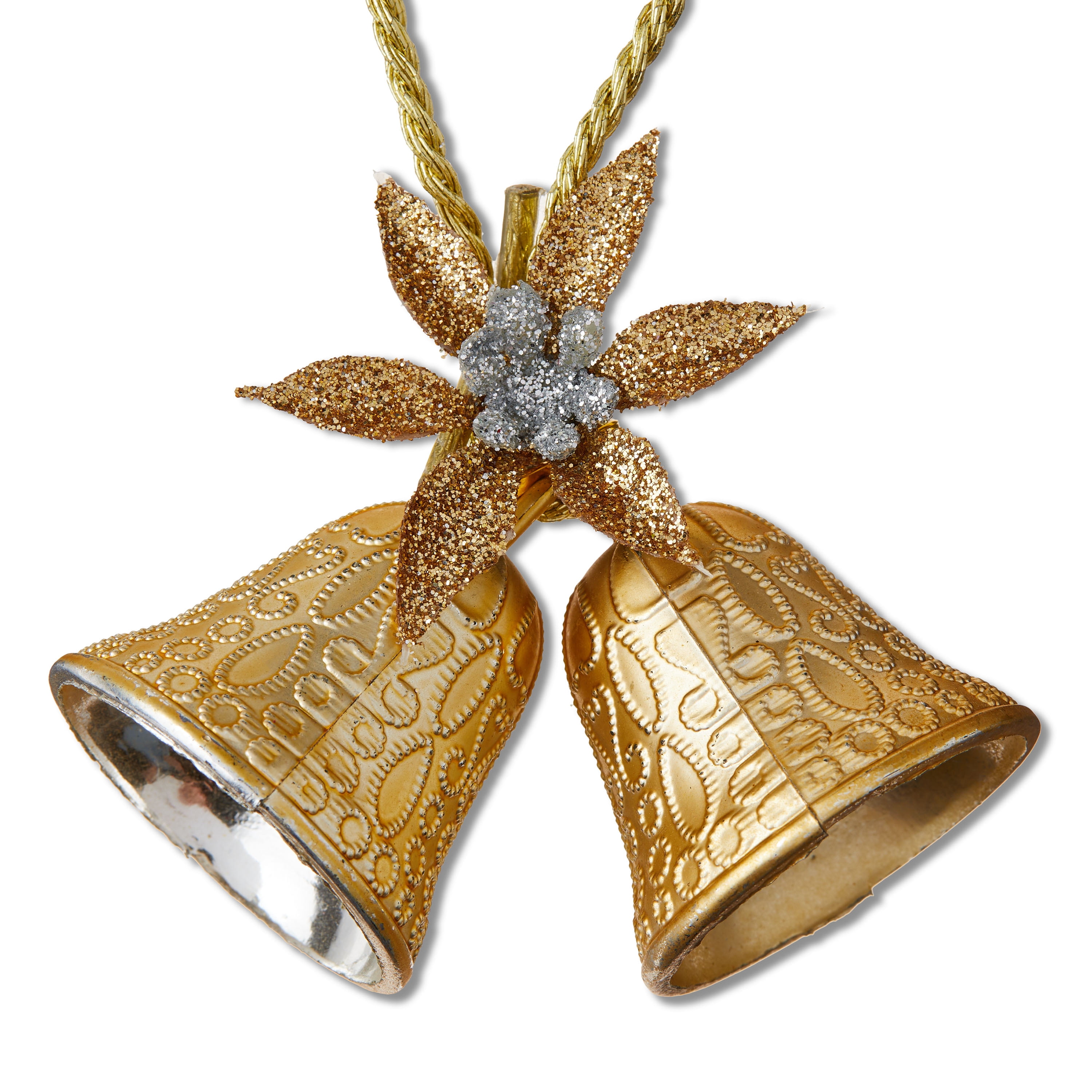 Gold Embossed Mini Double Bell with Poinsettia Christmas Ornament, 4 Count, by Holiday Time
