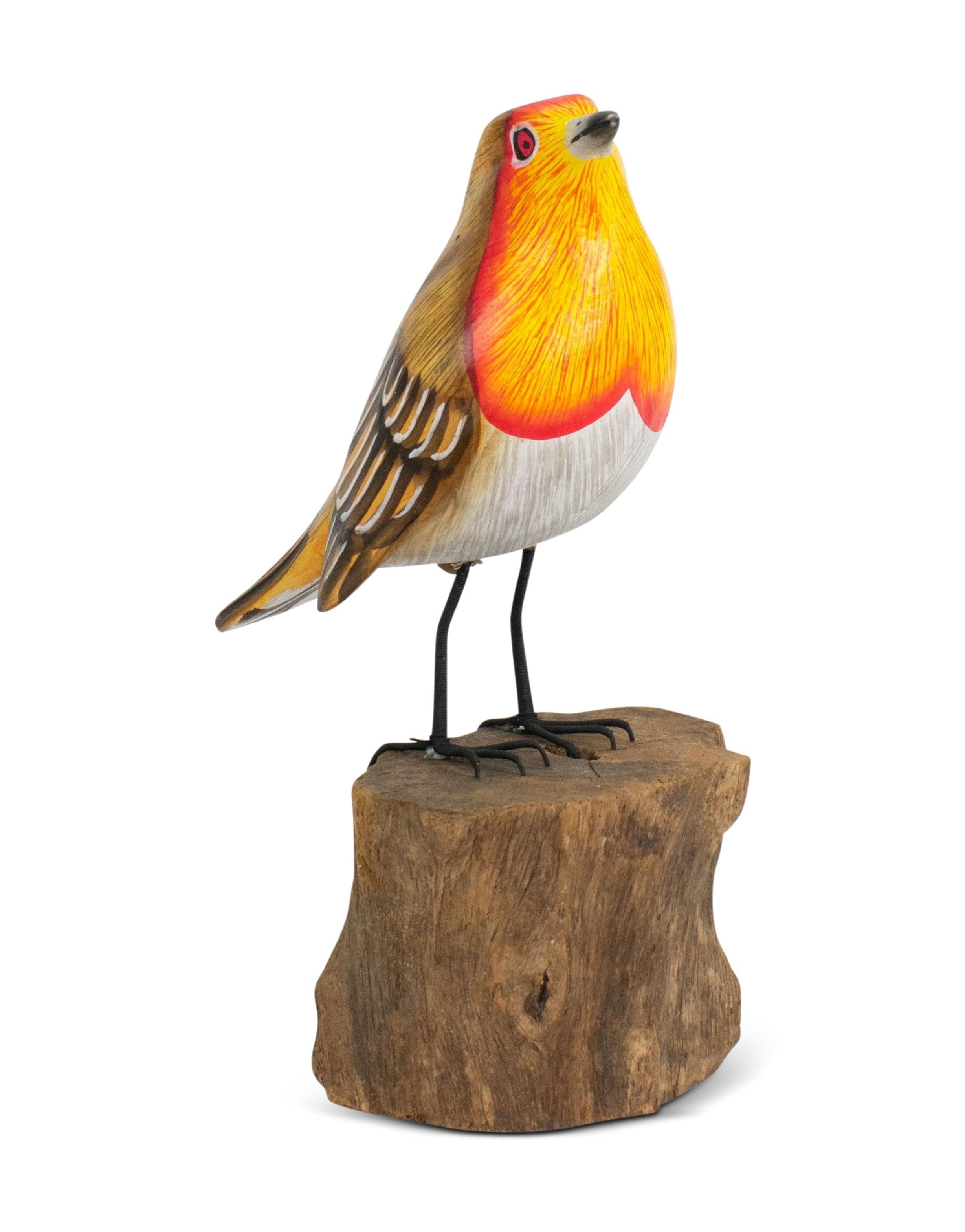 Wood European Robin Figurine – Hand Carved Songbird Sculpture, Rustic Bird Decor on Driftwood Base