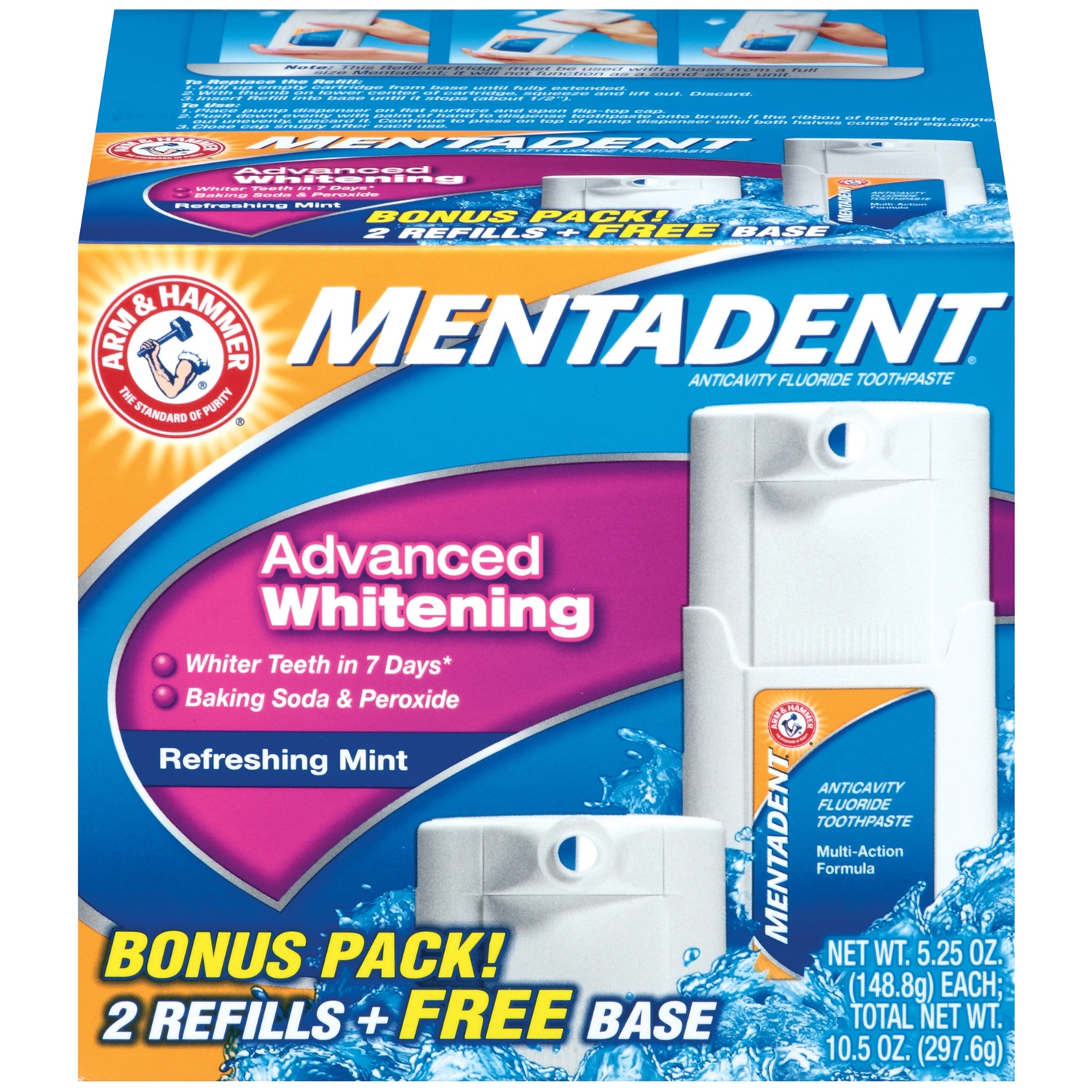 Mentadent® Advanced Whitening Refreshing Mint 5.25 oz. Refills + Bonus Base Toothpaste 2 ct Box - image 2 of 3