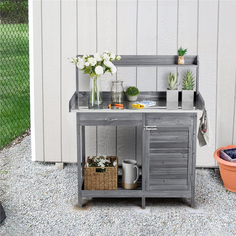 Renwick Potting Bench, Garden Work Table with Storage Cabinet, Open Shelf & Hooks，Gray