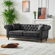 83 Luxury Chesterfield Leather Sofa, Mid Century Modern 3 Seater Couch w/Roll Armrest, Comfy Sleeper Cloud Couches SofaBed for Office, Apartment Living Room & Bedroom, Easy Assembly, Black