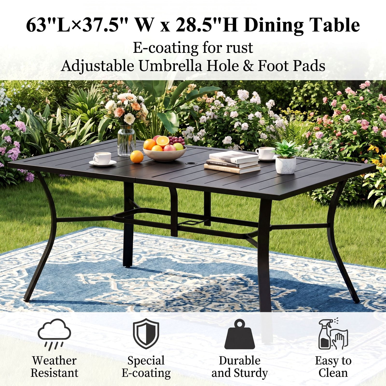 TLSUNNY Outdoor Patio Dining Set for 6-Person, Rectangle Iron Table & Textilene Chairs, W/ Adjustable Umbrella & Foot Pads, for Deck, Garden, Party