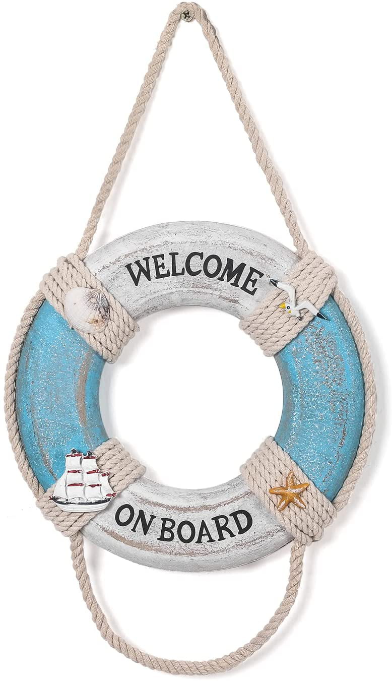 Welcome On Broad Life Ring Wall Decor Asense Wooden Nautical Lighthouse Beach Wooden Boat Ship Wall Decor Wooden Ring Blue-11.8 in Nautical Life Ring Wall Door Hanging Ornament Plaque