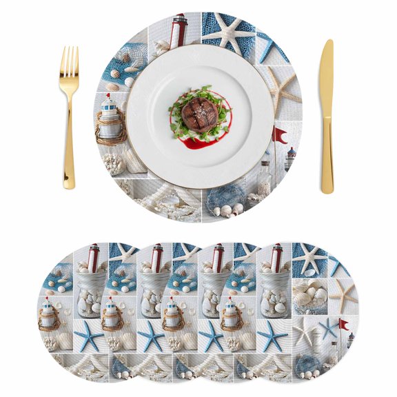 Round Placemats Coastal Nautical 15 inch Set of 4 Table Mats for Dining Table Starfish Sea Shell Lighthouse Heat Resistant Non-Slip Kitchen & Home Decorative Place Mat Set