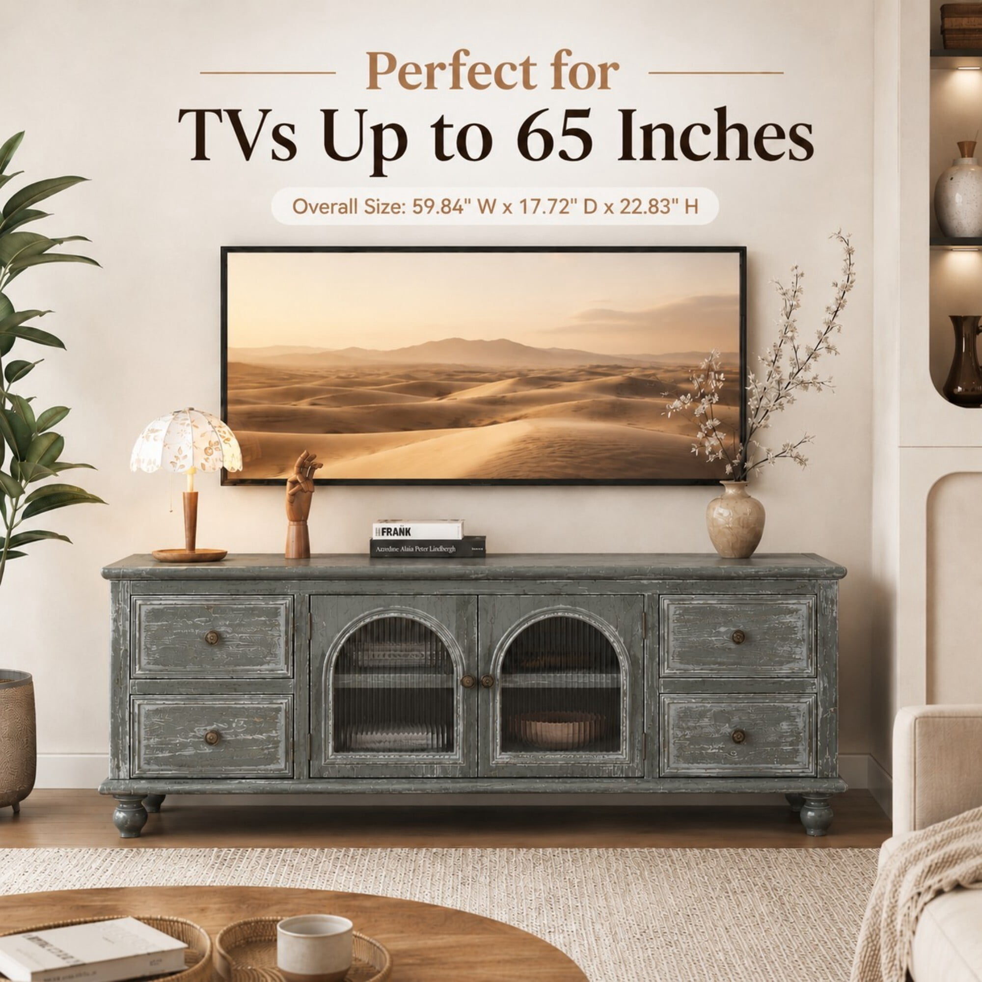 DEALTOPS 60 Inch Farmhouse TV Stand with 4 Drawers & 2 Glass Doors, Rustic Media Console – Weathered Oak