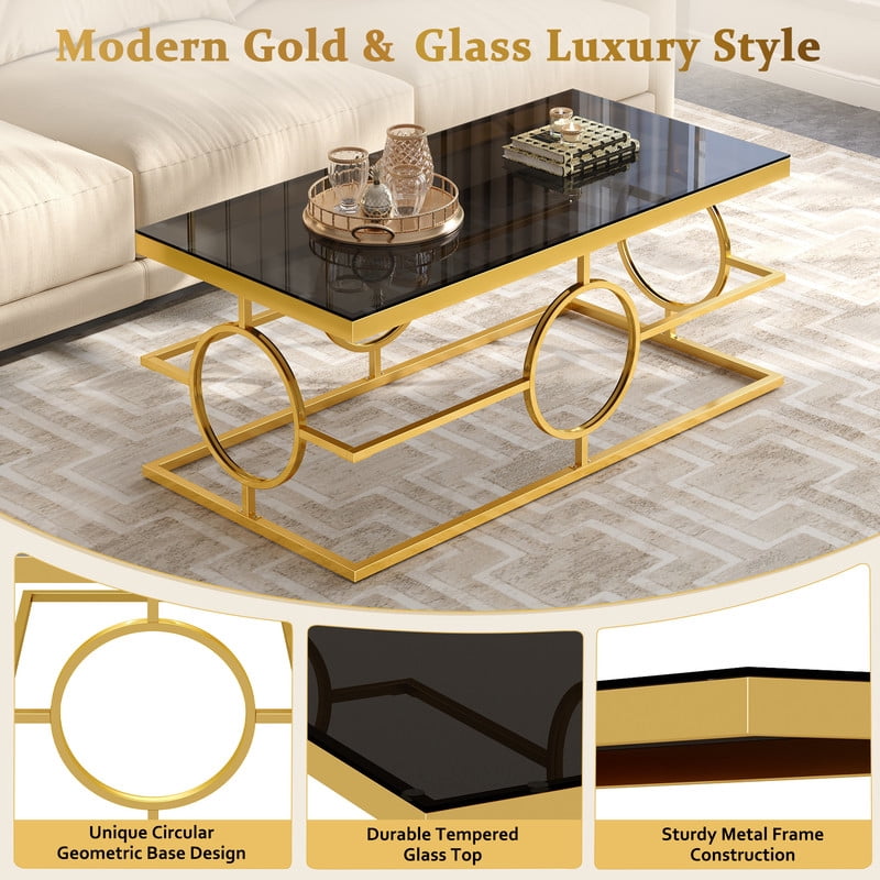 Glass Top Coffee End Table with Gold Metal Frame, Rectangular Storage Center Cocktail Table with Geometric Circle Base