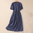 thumbnail image 2 of SMihono Women's Summer Loose Fit V Neck Button Down Short Sleeve Ruffle A Line Swing Dress with Belt Solid Color Linen Cotton Blend Midi Dresses Navy 12, 2 of 5