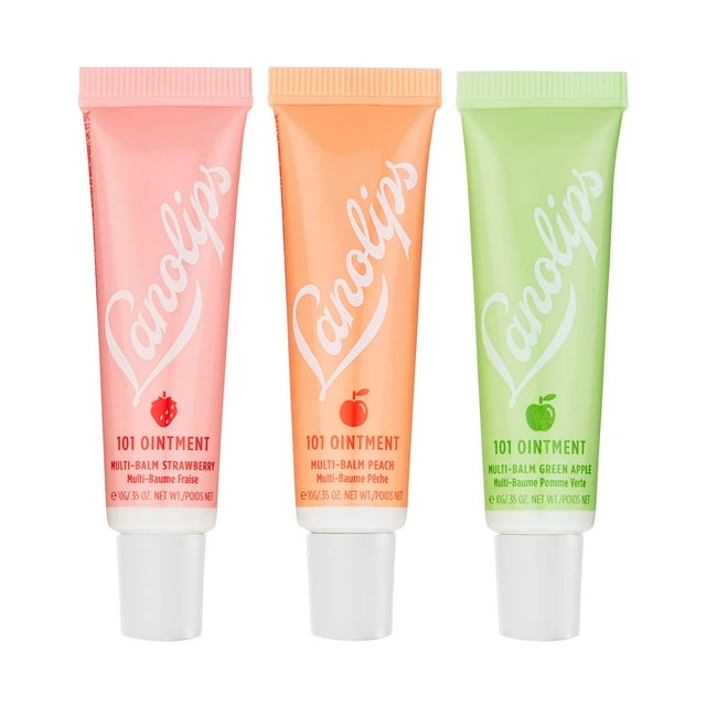 Lanolips 101 Ointment Fruities Trio - Set de regalo de bálsamo labial afrutado y relleno de calcetines - Hidratante labial con sabor a fresa, melocotón y manzana verde para labios secos - Probado por