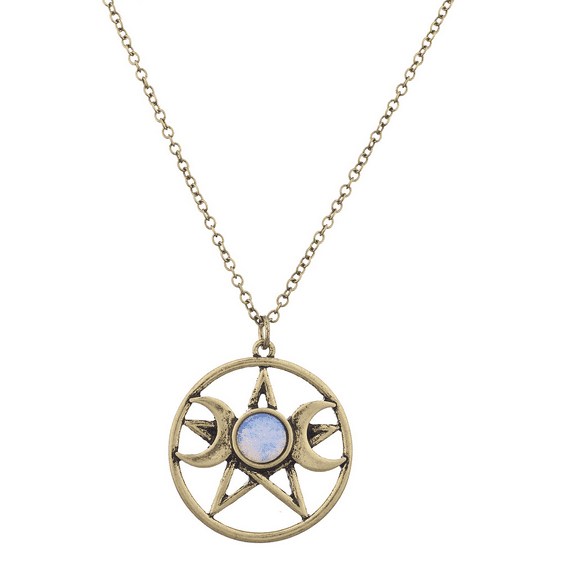 Lux Accessories Burnish Gold Double Crescent Moon Pentagram Blue Opal Necklace