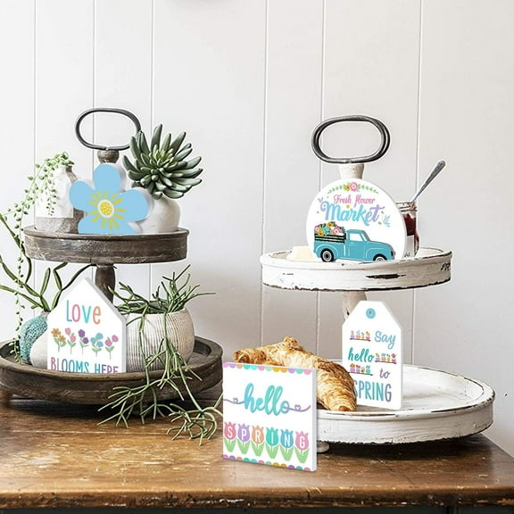 Desktop Decor,Wood Tiered Spring Decorations Spring Kitchen Decor Tray Flat Tiered Decor Mini Signs Spring Home Market Fresh Tray Decor For Easter 3D Decor Flower Decoration Hangs