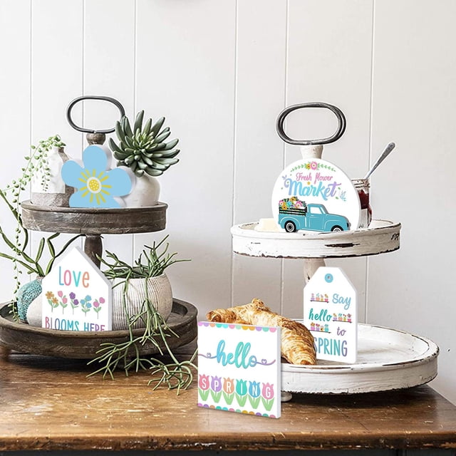 Easter ornament display,Wood Tiered Spring Decorations Spring Kitchen Decor Tray Flat Tiered Decor Mini Signs Spring Home Market Fresh Tray Decor For Easter 3D Decor Flower Decoration Hangs