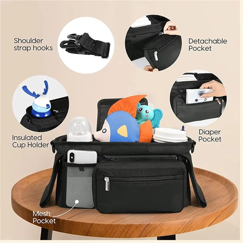 Universal Stroller Organizer with Insulated Cup Holder, Detachable Phone Bag, Shoulder Strap – Fits All Stroller Types, Keeps Drinks Hot/Cold