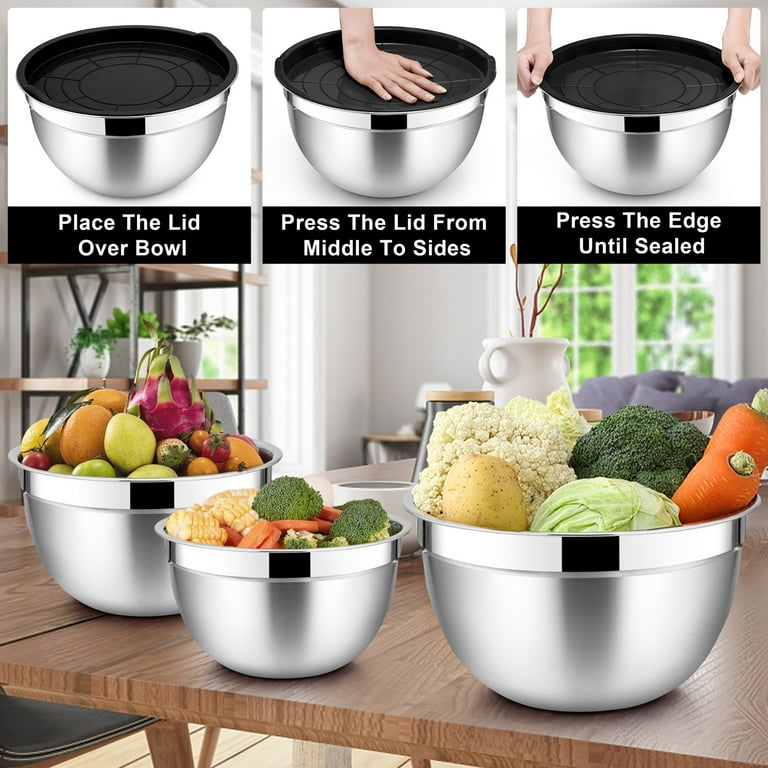 YuCook Mixing Bowls with Lids: 20 Pcs Stainless Steel Mixing Bowls Set with  Rubber Bottom, 7, 4, 3.5, 2.5, 2, 1.5QT Metal Mixing Bowls for Kitchen,  Black 