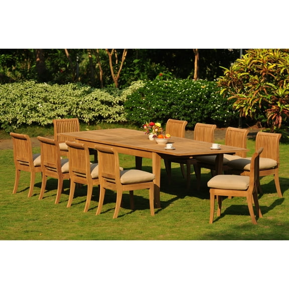 Teak Dining Set: 10 Seater 11 Pc: Large Atnas 118" Dining Rectangle Table Table & 10 Giva Armless Chairs Outdoor Patio Grade-A Teak Wood WholesaleTeak #WMDSGV52
