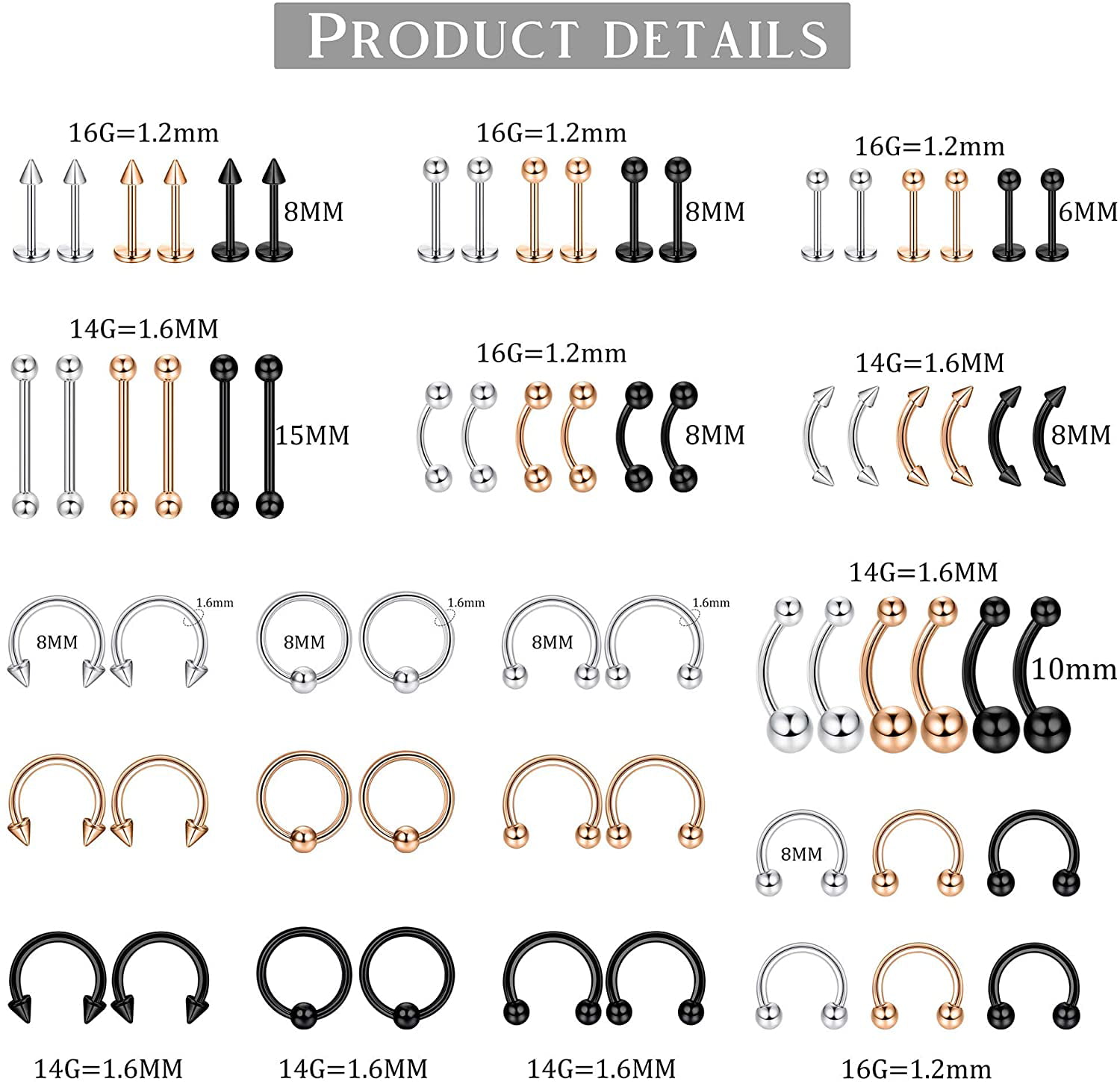 Thunaraz 82 Pcs Professional Piercing Kit Stainless Steel 14G 16G Belly Tongue Tragus Cartilage Nipple Lip Nose Ring Body Jewelry 