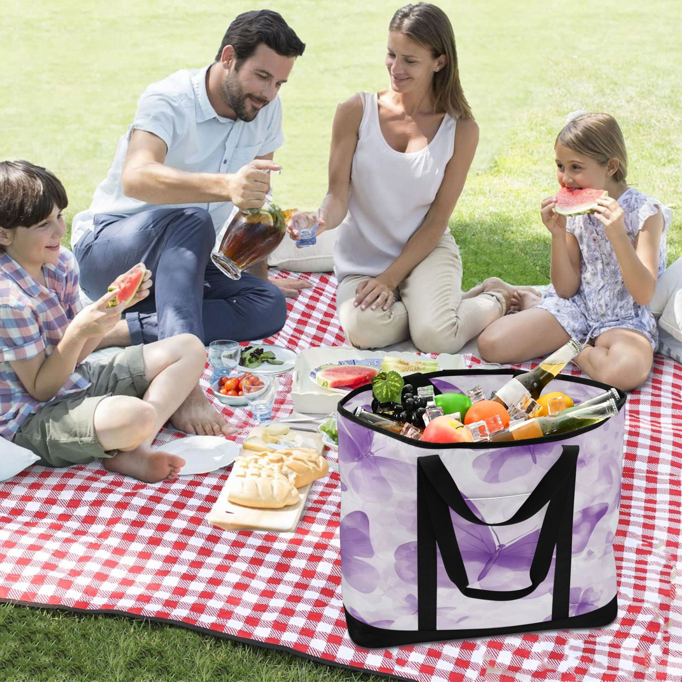 Large Hand-held Ice Pack Picnic Bag Insulation and Refrigeration Suitable for Shopping Picnics and Camping Pretty Big Purple Butterfly