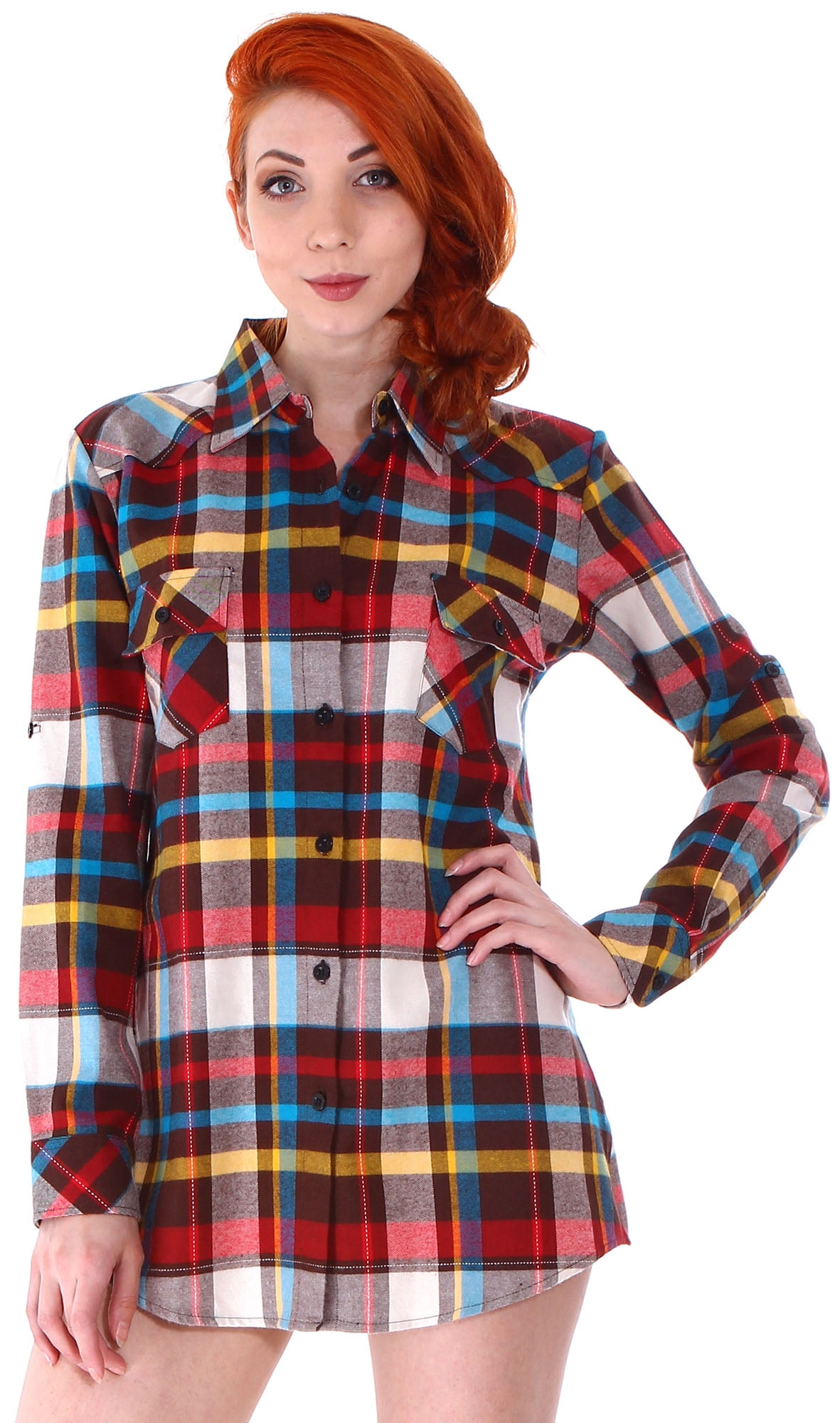 Junior's Roll Up Sleeve Plaid Flannel Shirt Blouse Button Down Top,Rainbow  