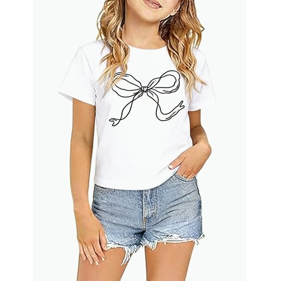 REDARER Girls Short Sleeve Bow Print T-Shirt Cute Casual Soft Cotton Lightweight Summer Basic Tee,18-24 Months