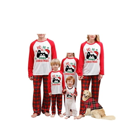 

Suanret Christmas Family Pajamas Matching Sets Letter Santa Hat Print Long Sleeve Tops Plaid Pants Sleepwear Red Mom-XL
