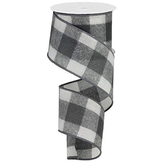Fuzzy Large Check Plaid Wired Edge Ribbon, 2.5" x 10 Yards (Grey, White)