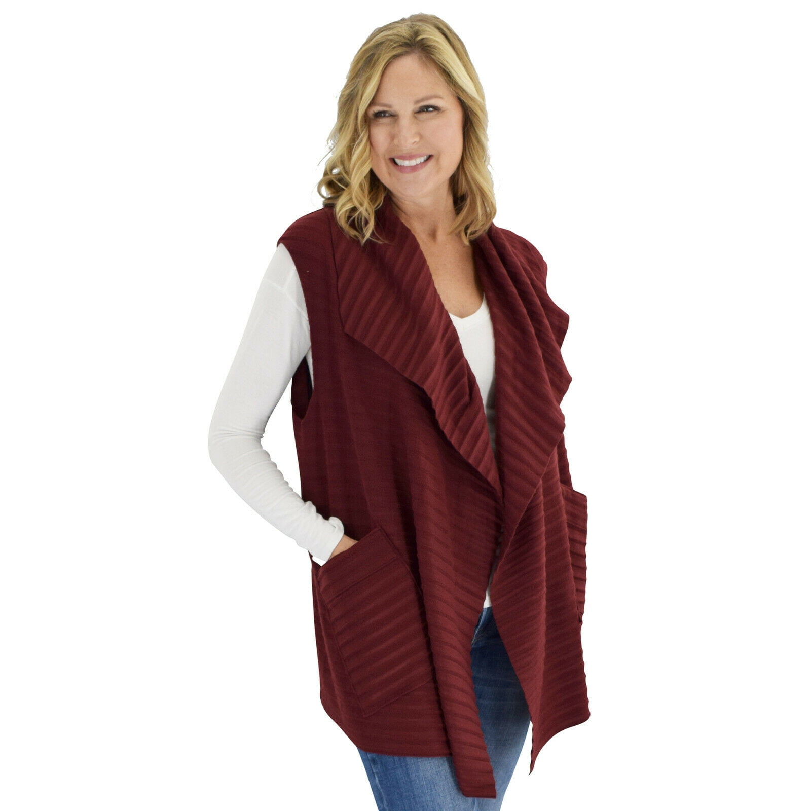 Le Moda Women's Sleeveless Pleated Open Front Fleece Vest Cardigan with