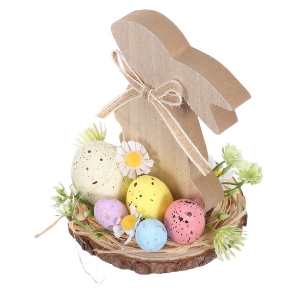 FOMIYES Rustic Farmhouse Wooden Easter Bunny Table Decor with Colorful Eggs and