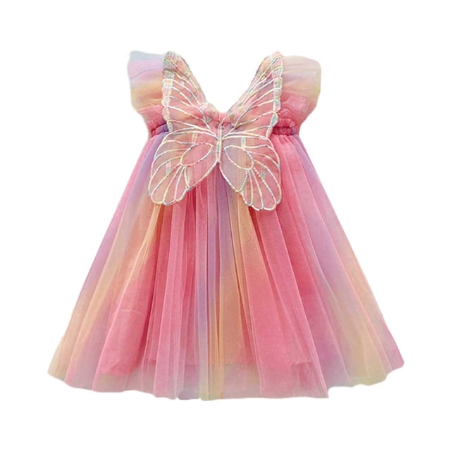 YOUSNH Robe Princesse Sans Manches en Maille Dos Papillon Vêtements de Fête pour Filles Rose Vif 4-5 Ans