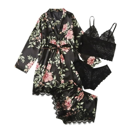 GZWYHT Silk Pajamas Clearance Robes for Women Women s Placket Silk Night Lingerie Women s Tops And Shorts Casual Floral Print Sleepwear Nightdress Bath Robe Women S Sleepwear  Black S