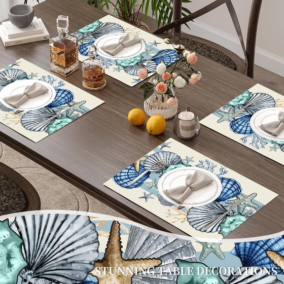 MIZHONA Ocean Seashell Placemats Set of 4,Coastal Coral Linen Table Mats for Table Decorations 12x18 in