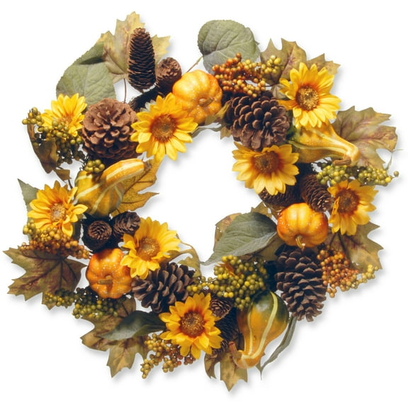 National Tree Company Artificial Autumn Wreath, Decorated with Pumpkins, Gourds, Pinecones, Sunflowers, Berry Clusters, Assorted Leaves, Autumn Collection, 22 in