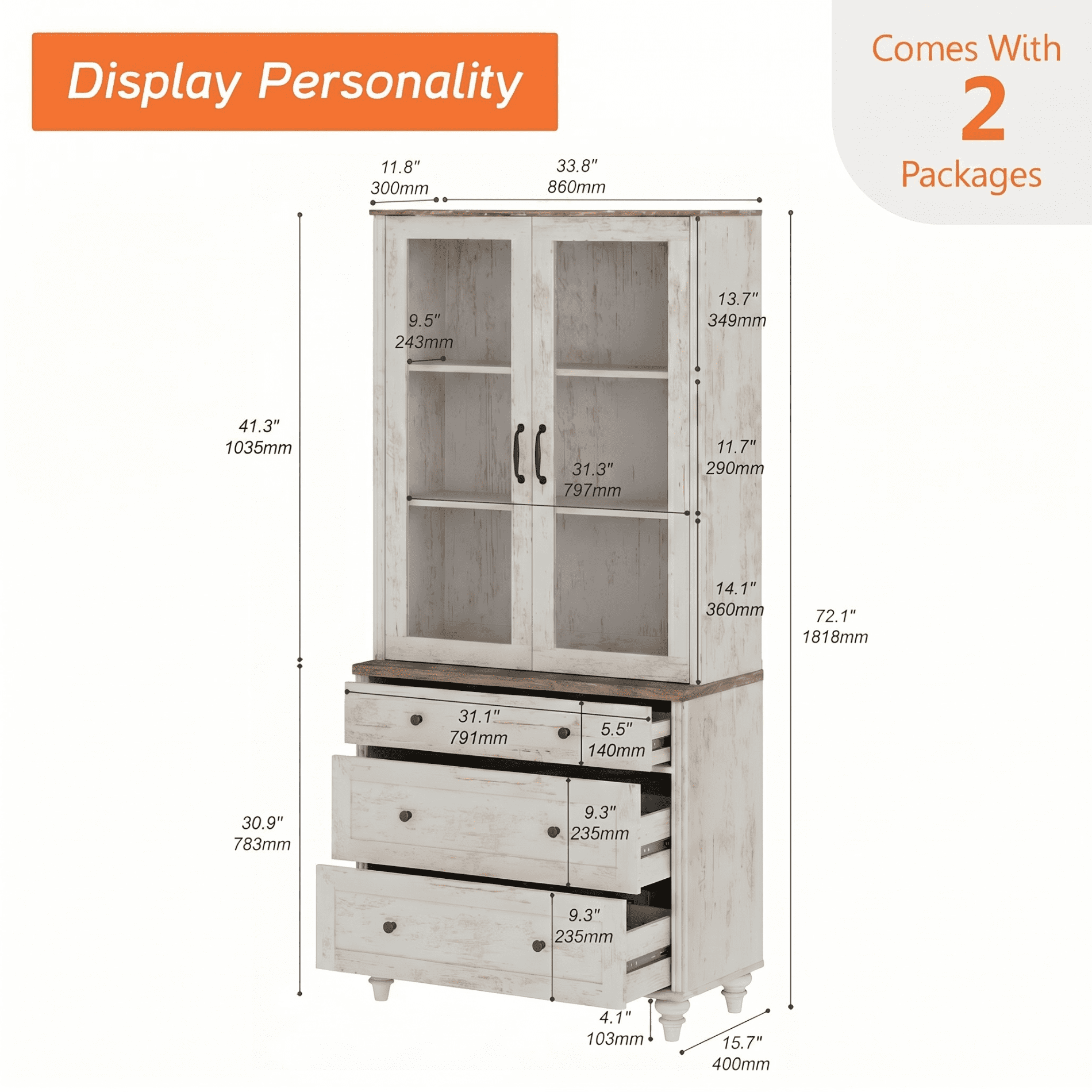 72"H × 34"W 5-Tier Farmhouse Wooden Library Bookcase with Glass Doors & 3 Drawers, Freestanding Storage Bookshelf for Living Room, Office & Kitchen, Rustic white