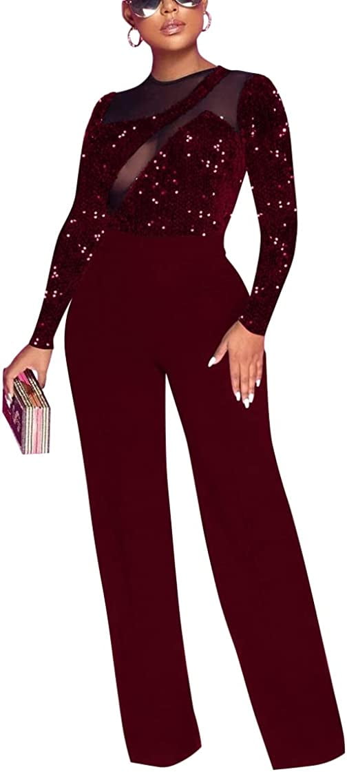 PIKADINGNIS Sexy Long Sleeve Jumpsuit for Women Elegant Sparkly Formal