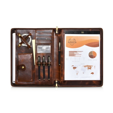 AZXCG Leather Portfolio for Men, Business Resume Padfolio Folder, Portfolio Organizer Case, A4 Legal Pad Professional Portfolio with Zipper, Personlized Padfolio, Gift for Men&Women, Red Brown