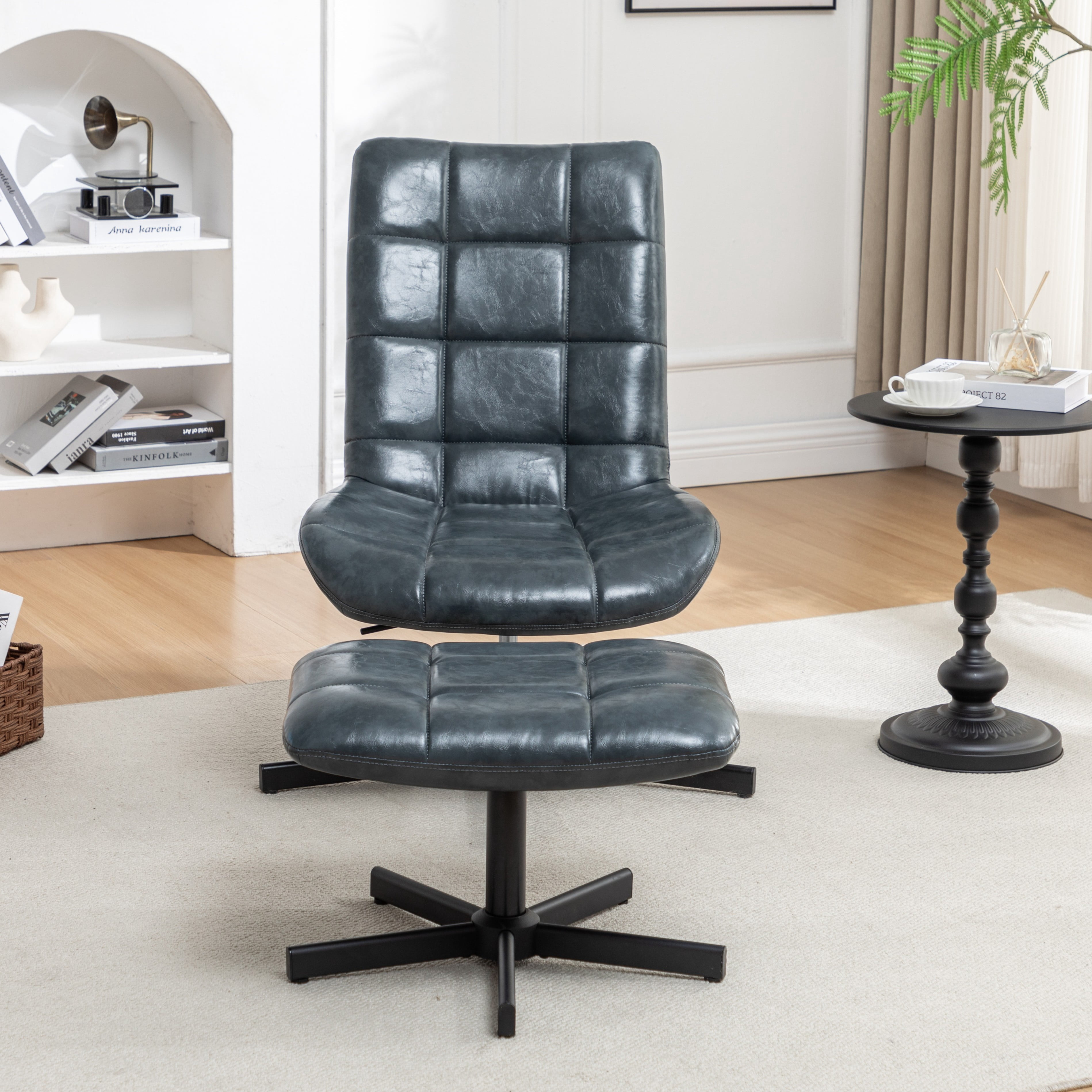 Roundhill Furniture Arlena 2-Piece Seating Set, Faux Leather Tufted Accent Chair and Ottoman, Blue