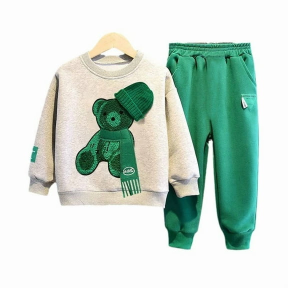 Boys' Grey Long-sleeve 2-Piece Outfit Set with Bear Print - Spring Fall Toddler Clothes, Cartoon Bear Toddler Clothing, Casual Kids Outfit