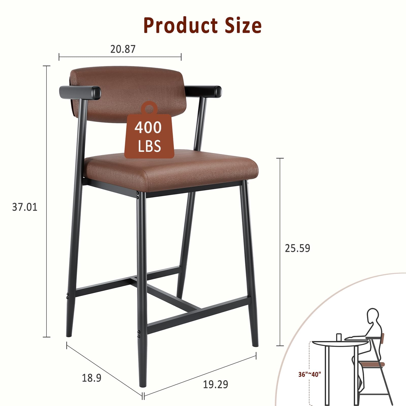 Bar Stools Set of 2, 37 inch Seat Height Bar Stools, Upholstered Barstools with Back and Footrest, Counter Stools for Kitchen Island, Bar Pub