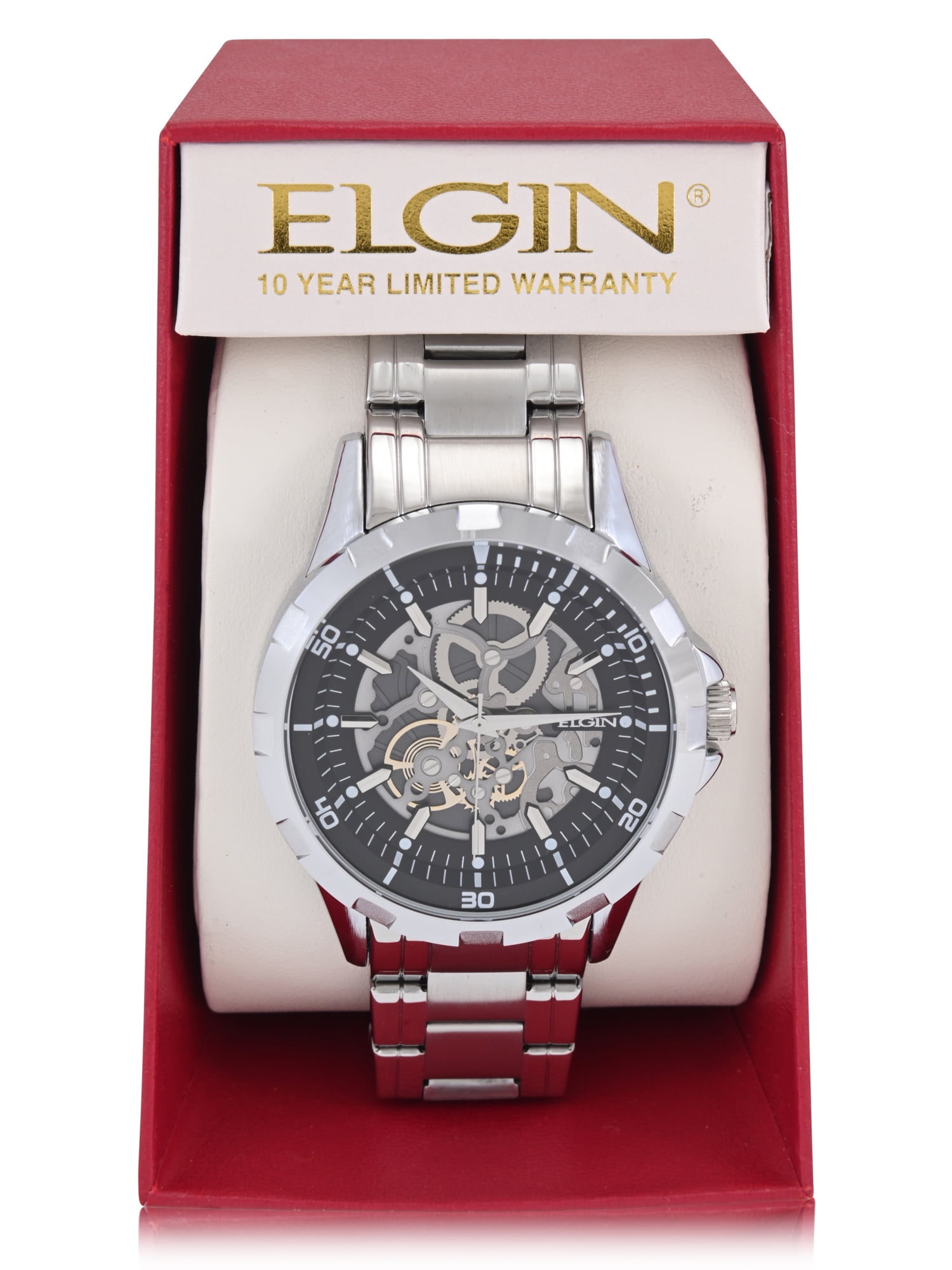 Elgin Adult Men's Silver Round Case Watch with Faux Skeleton Dial