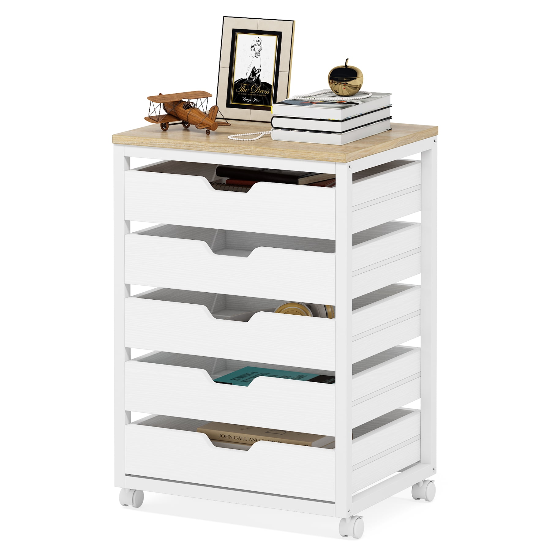 Tribesigns 5 Drawer Chest, Wood Storage Dresser Cabinet with Wheels, Industrial Storage Drawer Organizer Cart for Office Bedroom Entryway, White