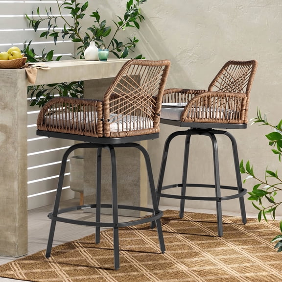 Nuu Garden Patio Bar Stools Set of 2, Outdoor Metal Swivel Bar Stools with Back and Rounded Square Footrest, All-Weather Handwoven Twisted Wicker Rattan Patio Bar Chairs, Beige