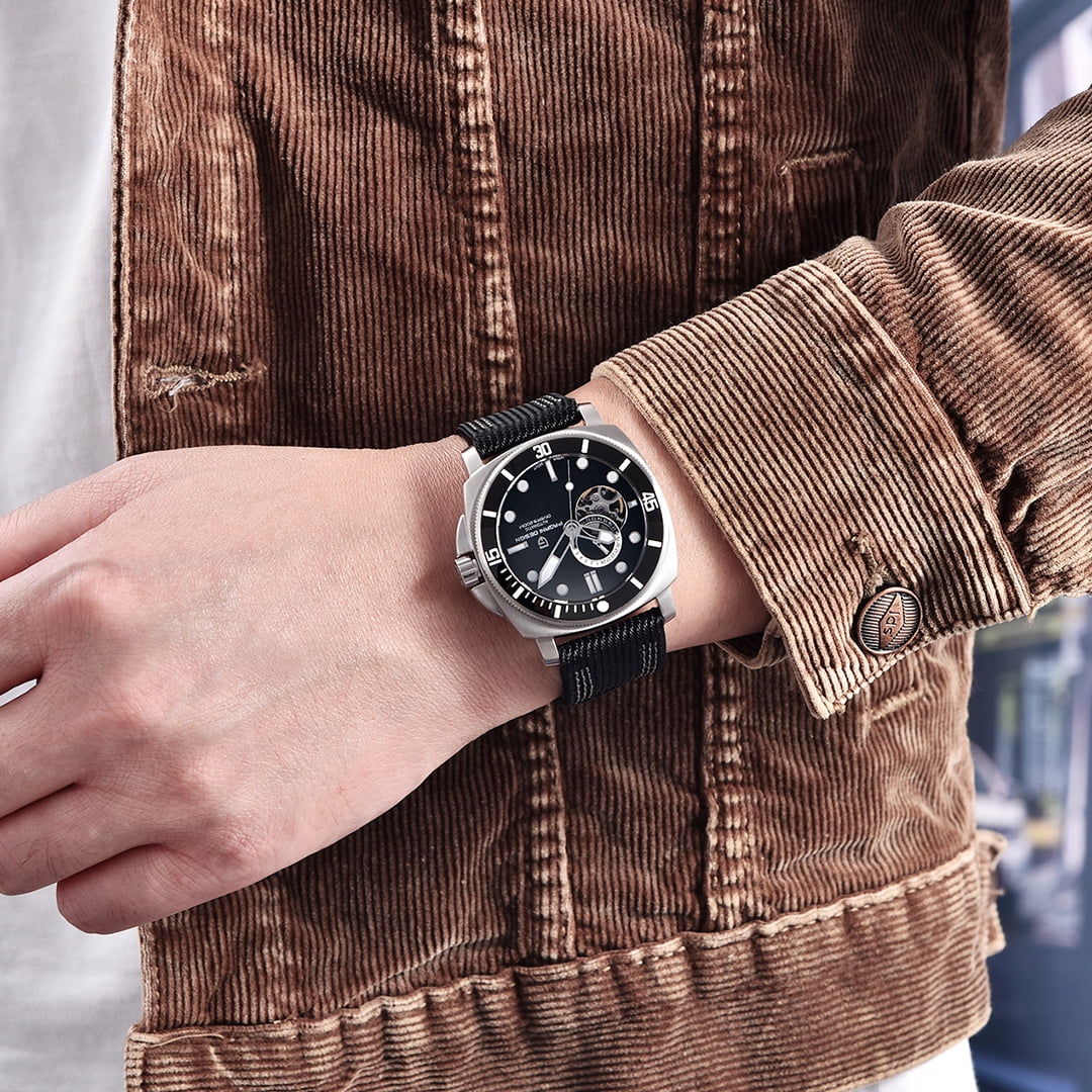 PAGANI DESIGN Men's Automatic Watches Unique Square Stainless Steel Mechanical Sports Wrist Watch for Men Nylon Watchband 100M Waterproof
