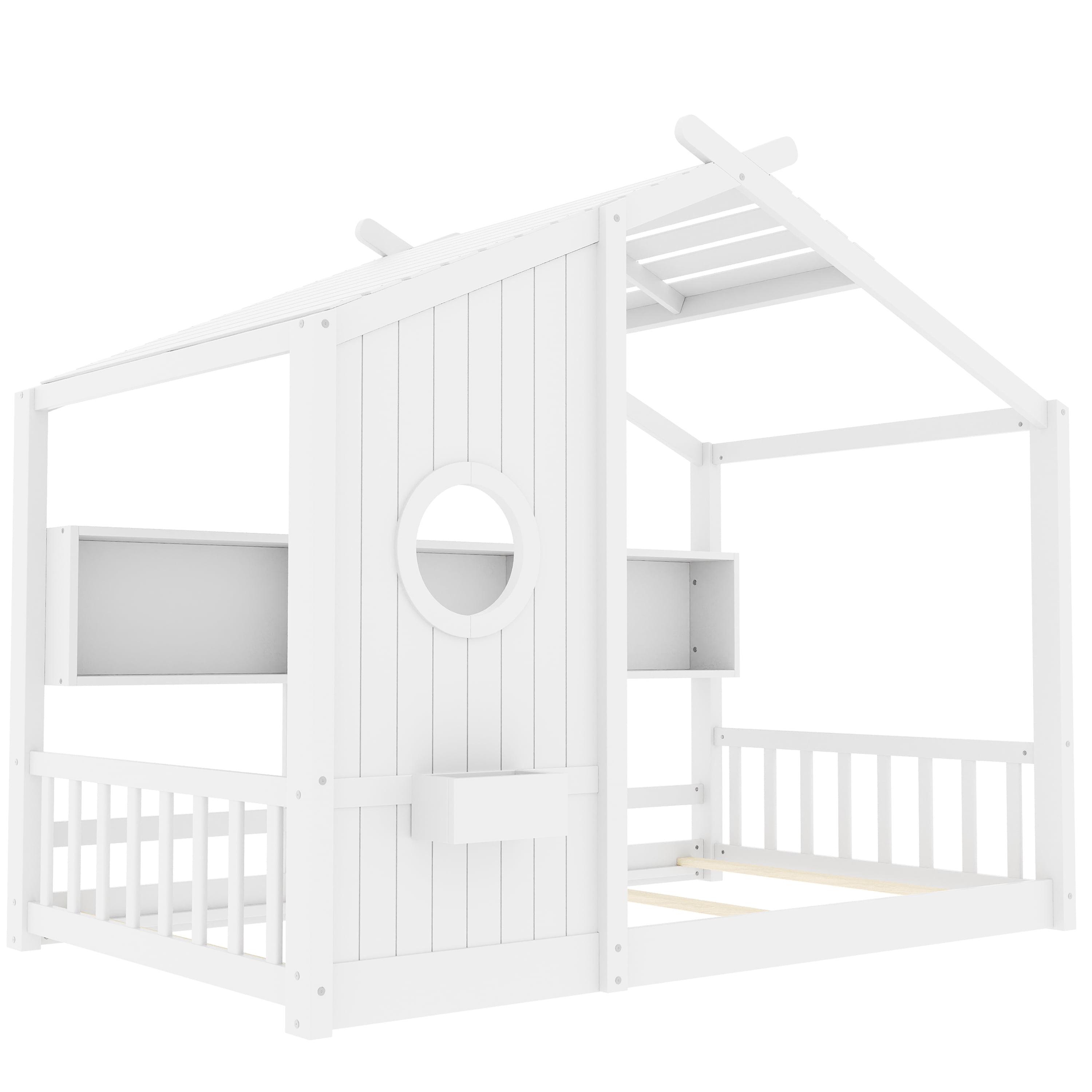 Euroco Wood Twin Size House Bed with Cabinets, Floor Bed with Roof Design and Storage Shelves, White