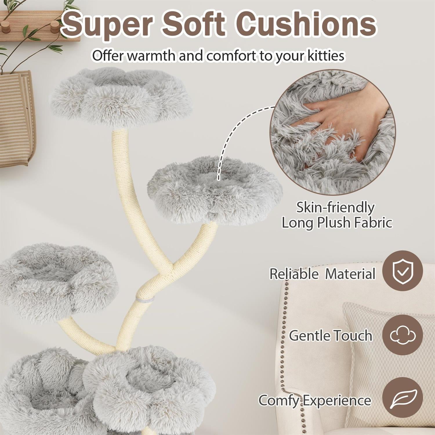 Pefilos Freestanding Cat Tower, 4 Flower-shaped Platforms, Sisal Scratching Posts, Gray