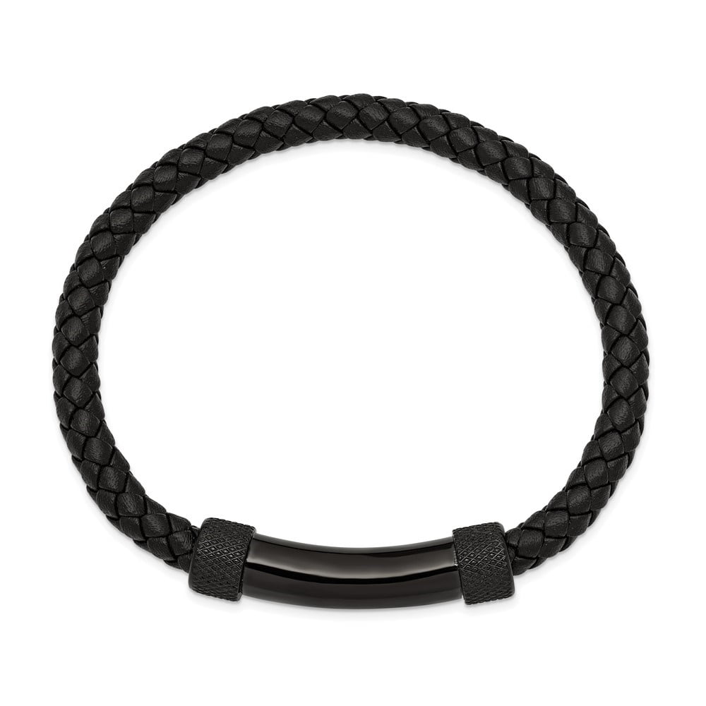 Diamond2Deal Stainless Steel Polished Black IP-Plated Black Braided Leather Bracelet for Men 8.25"