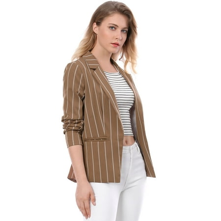 - Women Long Sleeve Notched Lapel Open Front Striped Blazer Brown XS (US 2)