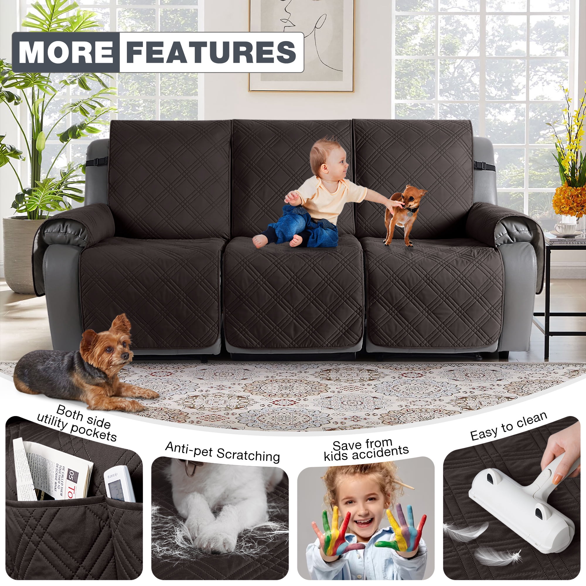 TAOCOCO Non-Slip Waterproof Recliner Sofa Covers, Washable Split Sofa Slipcovers for Reclining 3 Seater Couch, Recliner Sofa Cover with Side with Pockets Home Furniture Protectors,Coffee