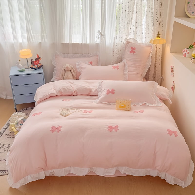 Ruffle Duvet Cover Twin Size 3 Pieces Pink Bow Duvet Cover Set Chic Textured Comforter Cover for All Season Cute Bedding Set with Zipper 2 Pillow Shams for Kids Girls Adult