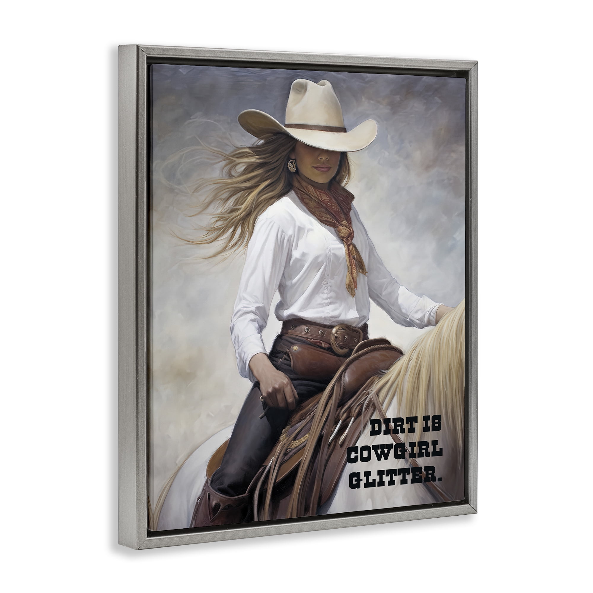 Stupell Industries Dirt Is Cowgirl Glitter People Painting Gray Floater Framed Canvas Art Print Wall Art, 25 x 31