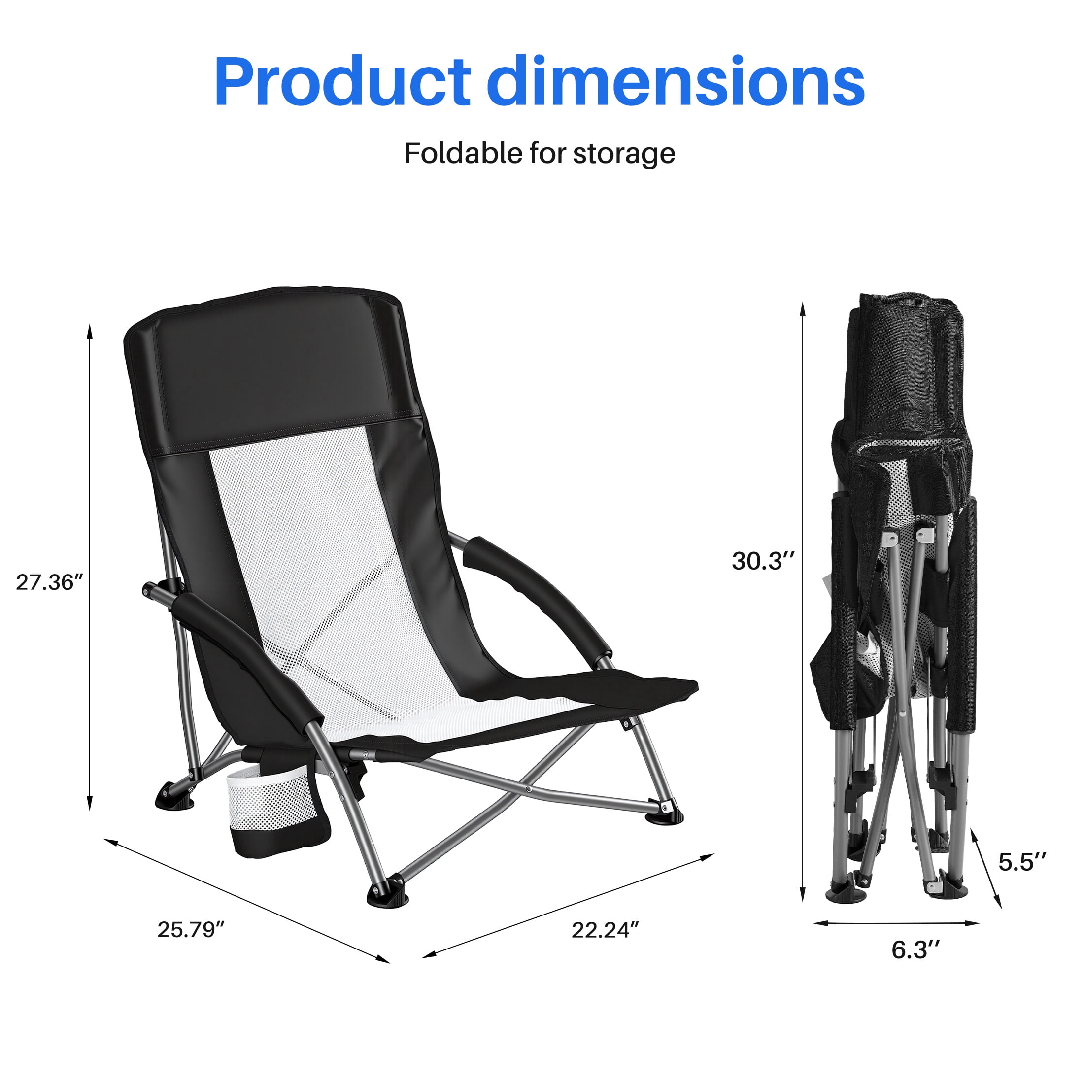 EDX Low Profile Camping Chair Portable Folding Beach Chair W/ Bag - Heavy Duty Breathable for Outdoor, Black